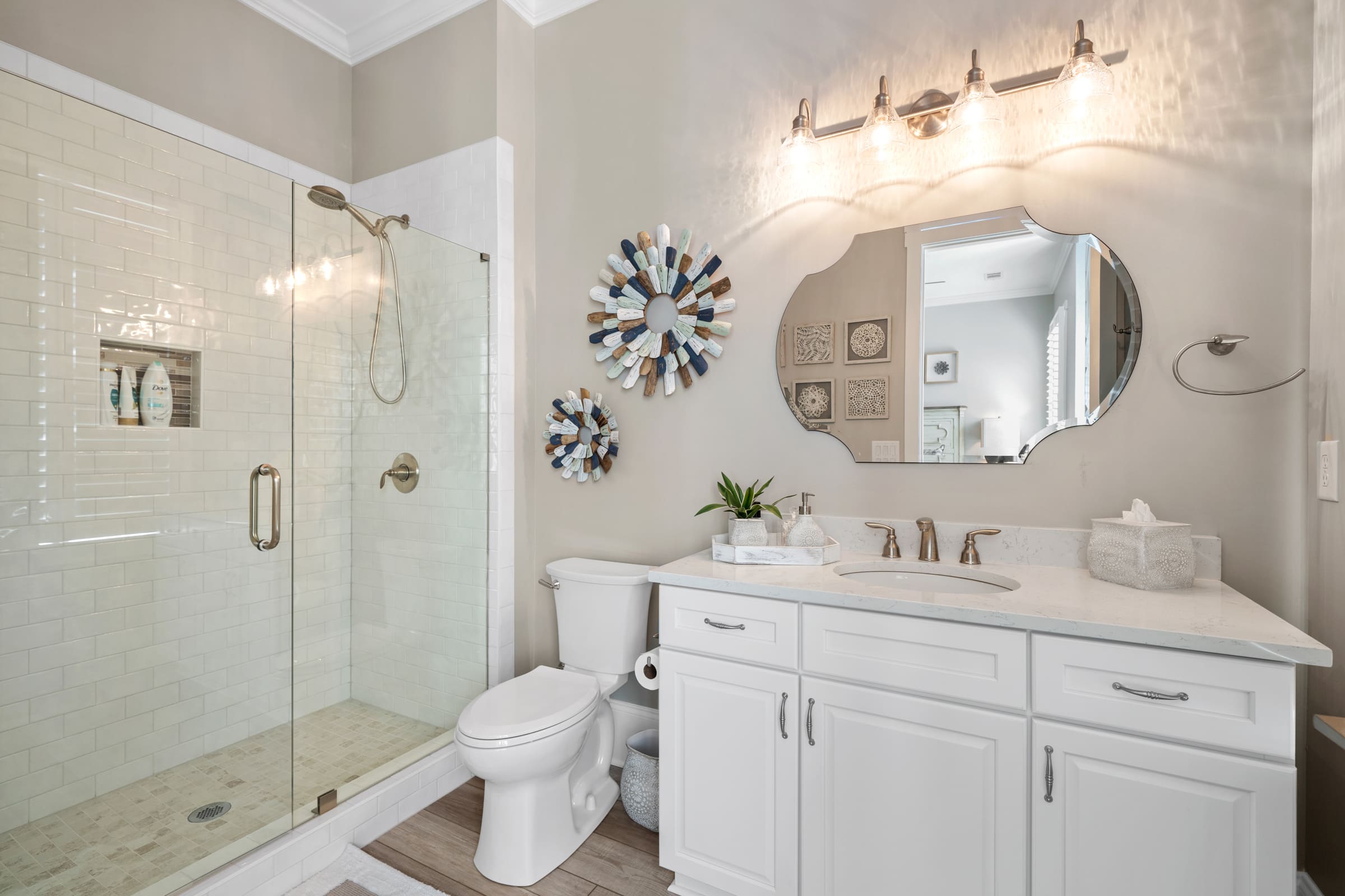 Guest Bathroom with White Cabinets and White Shower Tile |PAXISgroup